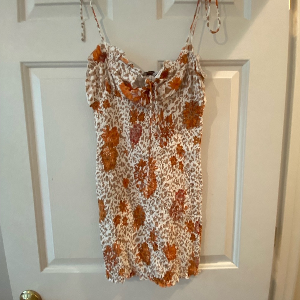 White and Orange Floral Mini Dress with Tie-Strap Shoulders